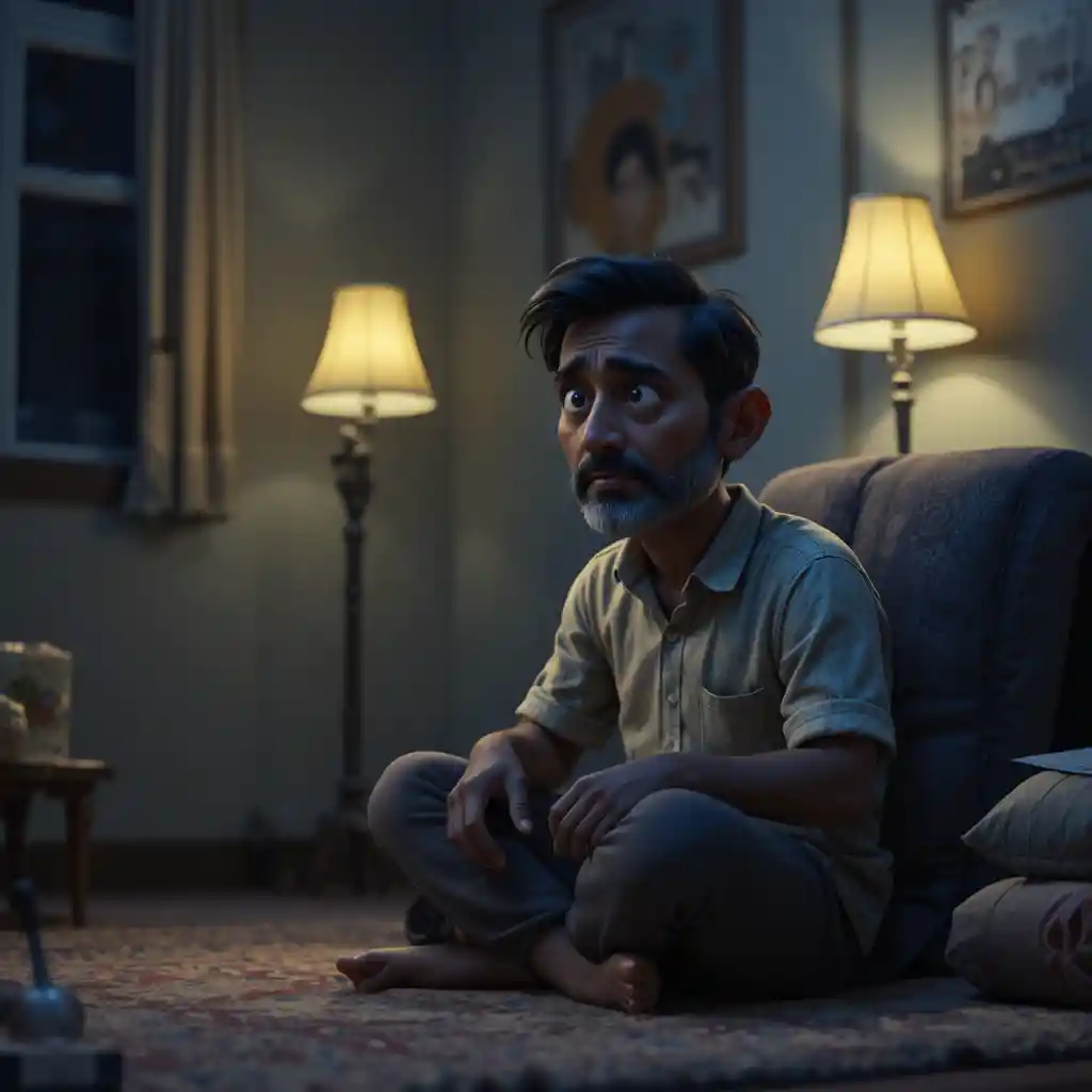 Middle aged man sitting alone under a single lamp