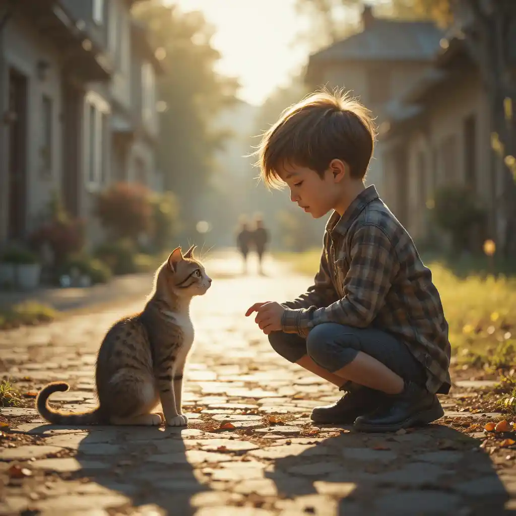 Niño arrodillado que se conecta con ternura con un gato callejero