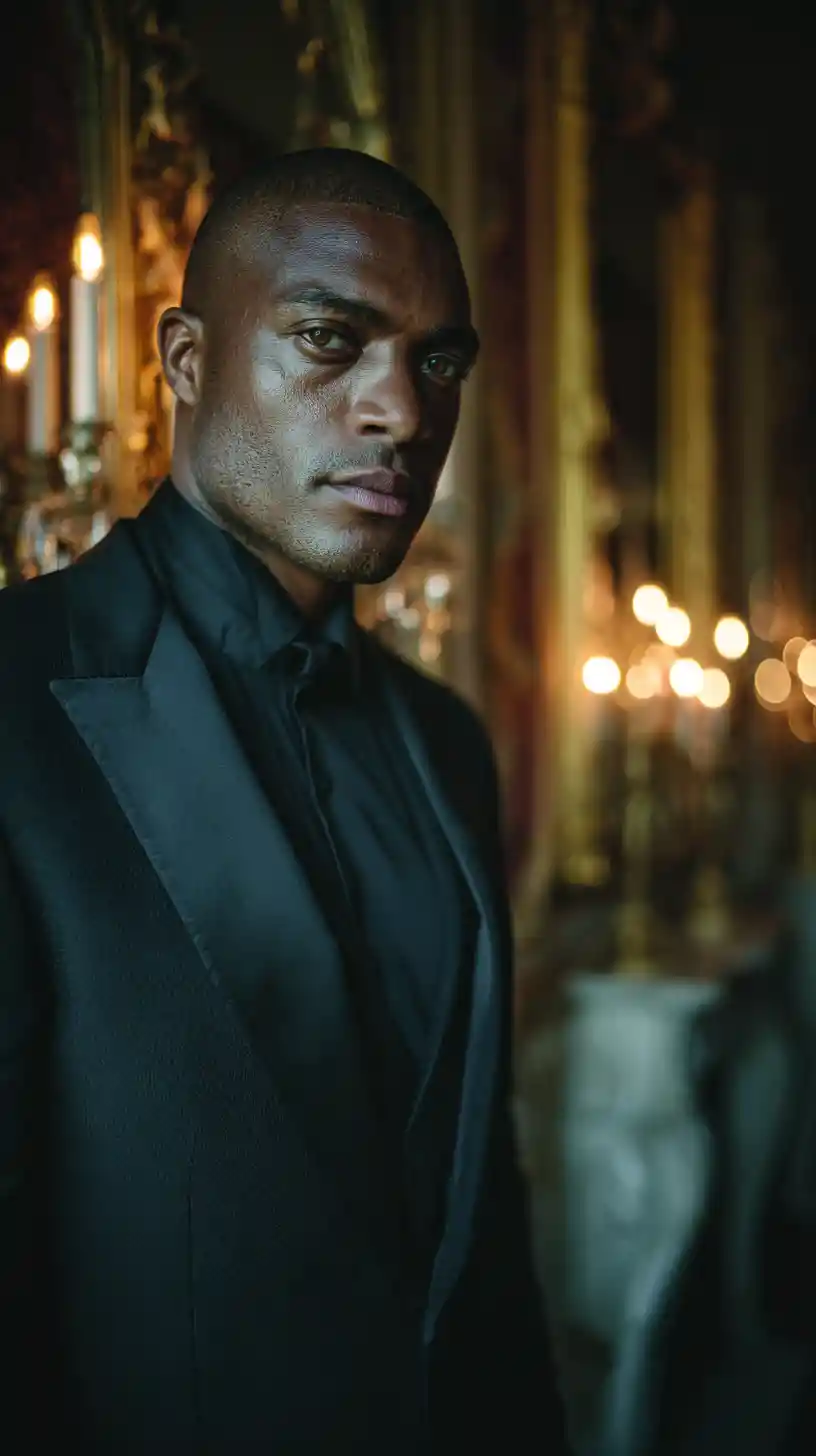 Confident man in black tuxedo at grand mansion gala
