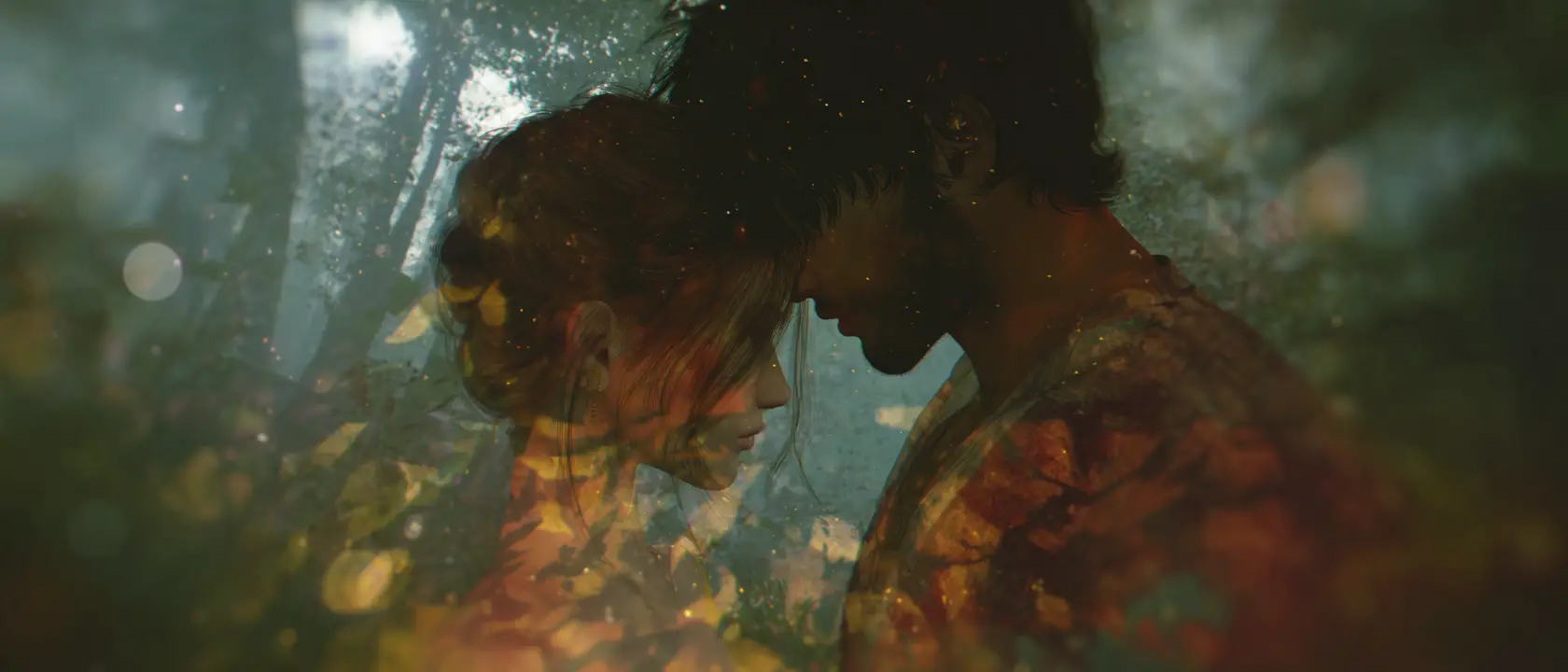 Broken heartscape over forest and sea in cinematic style