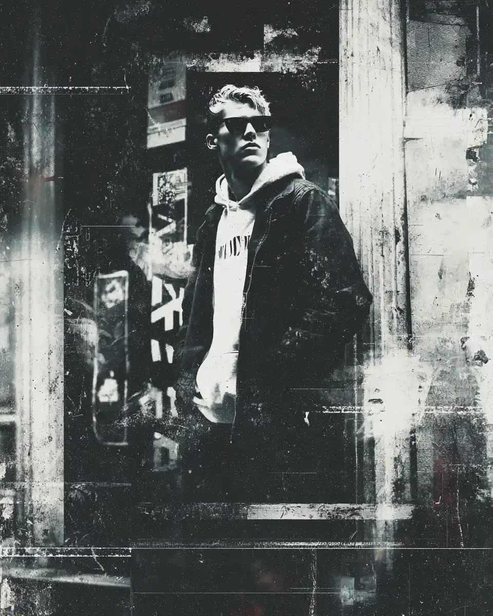 une photo en noir et blanc d’un homme portant des lunettes de soleil et un hoodie, avec un effet de texture usée.