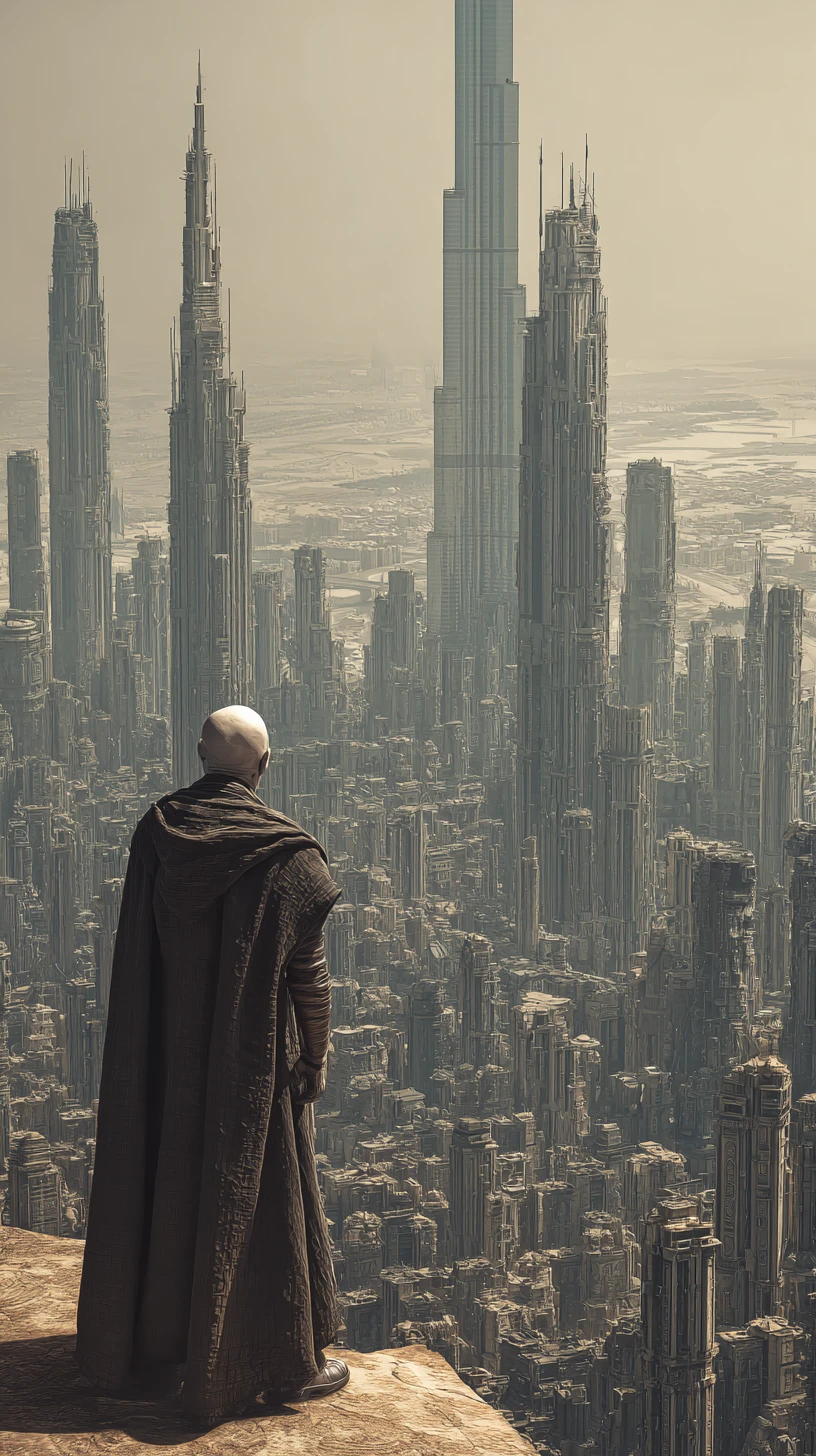 Uomo futuristico calvo in un campo nel deserto davanti a una città art déco