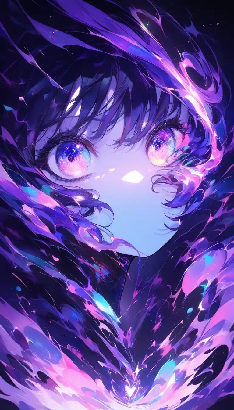 輝く多色の瞳と陶器のような肌のアニメ少女