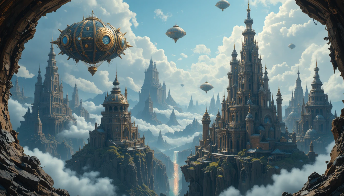 Clockwork airships soaring among fantastical floating islands