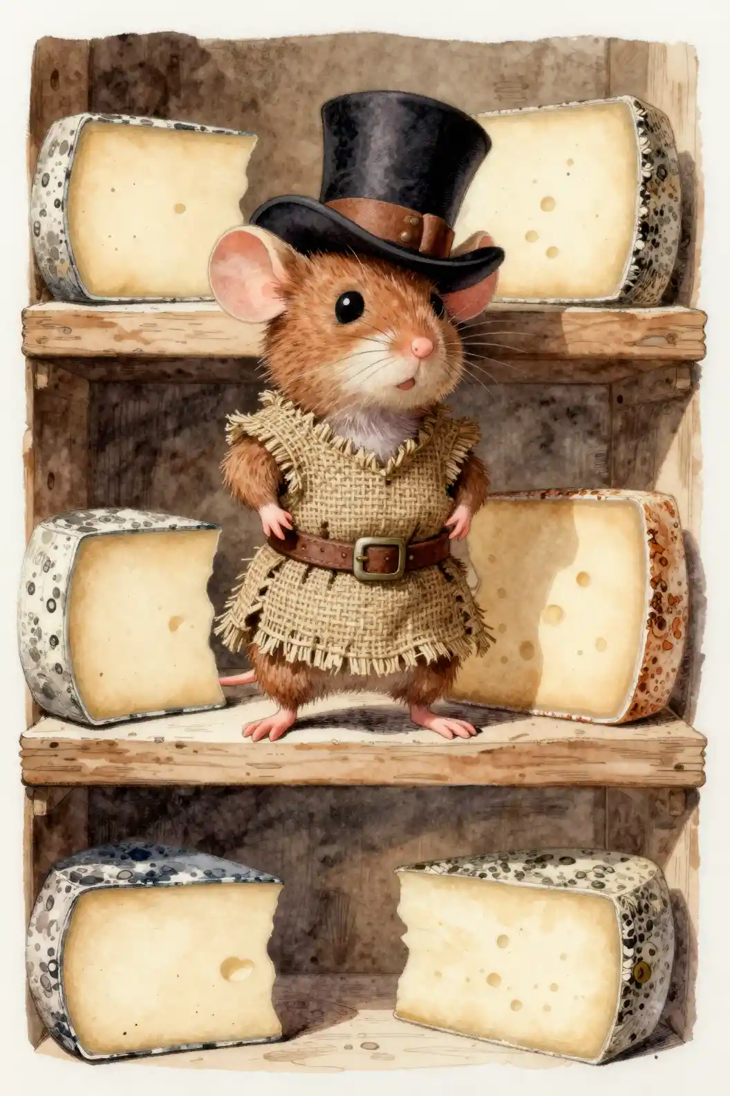 Fluffy mouse in burlap tunic on cheese storage shelf