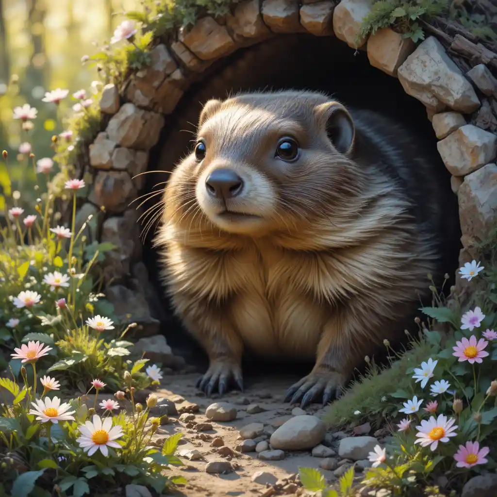 Marmota curiosa saliendo de su madriguera primaveral bañada por el sol