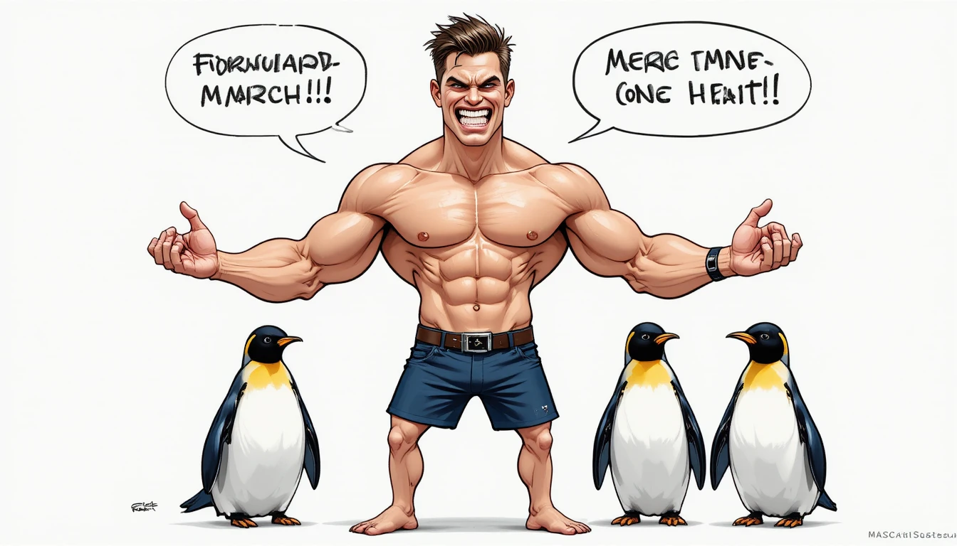 Hombre musculoso comandando pingüinos en ilustración de estilo cómic