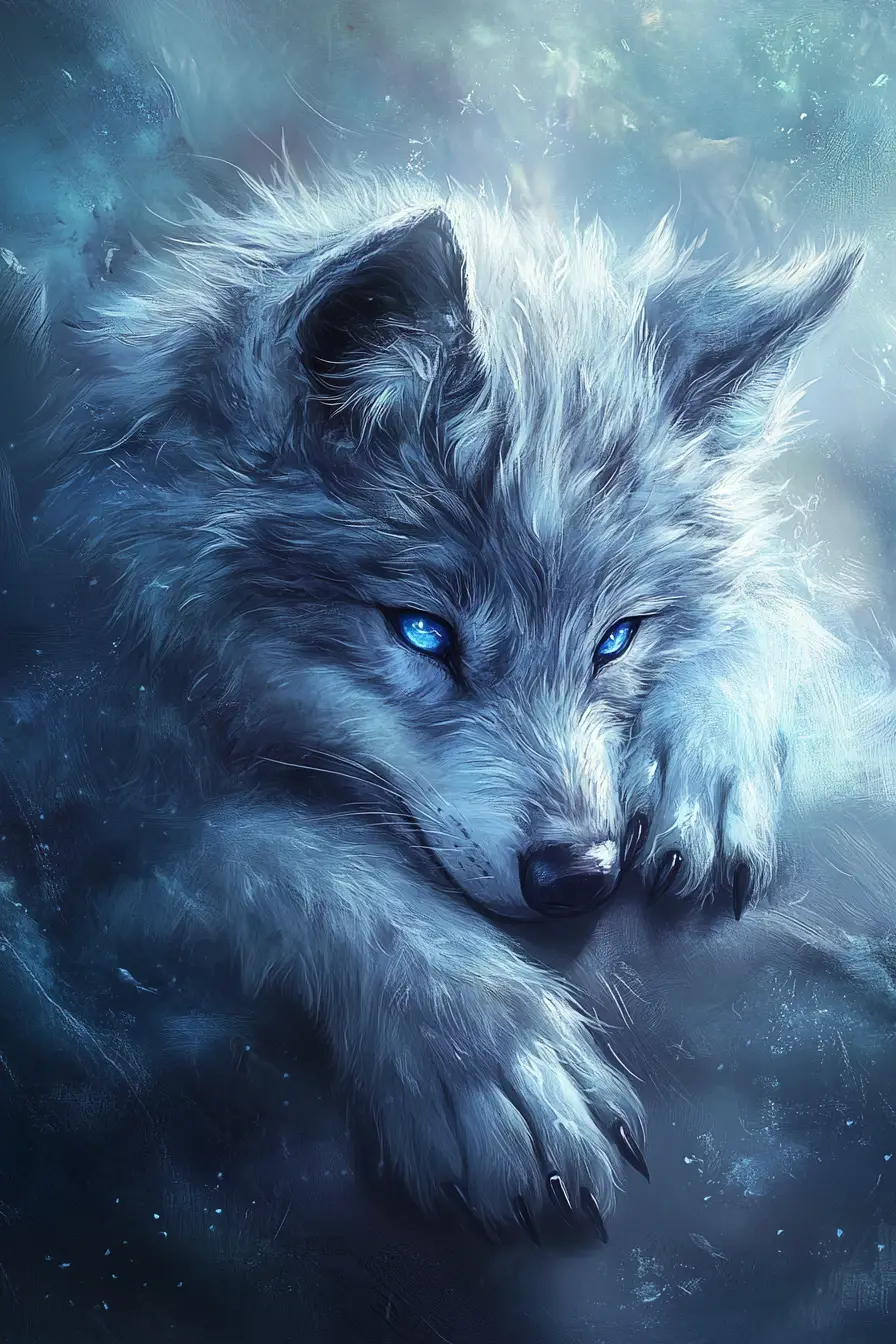 Silver wolf cub resting under gentle moonlight glow