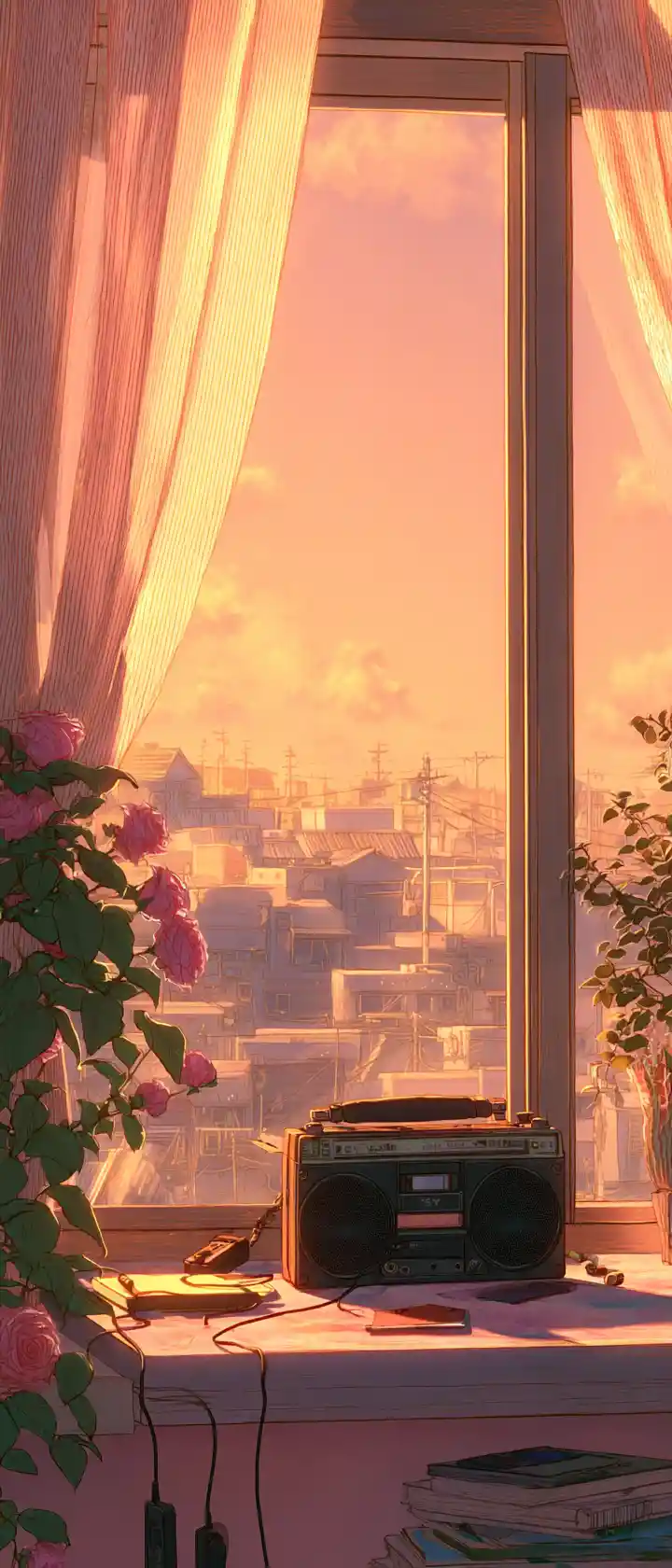 Old cassette player on a windowsill in warm anime light