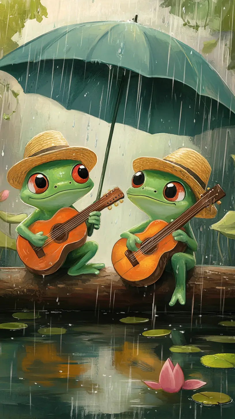 Two guitar playing frogs under a lotus leaf in rain