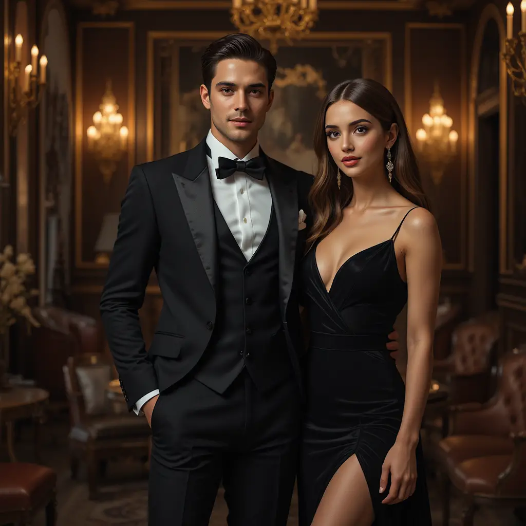 Elegant couple standing in a glamorous luxury living room