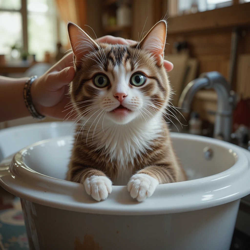 Gato rescatado siendo lavado y alimentado con cariño en casa