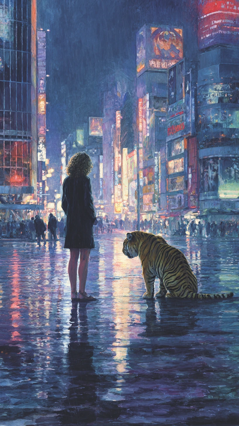 Woman and tiger on rainy neon Tokyo street at night