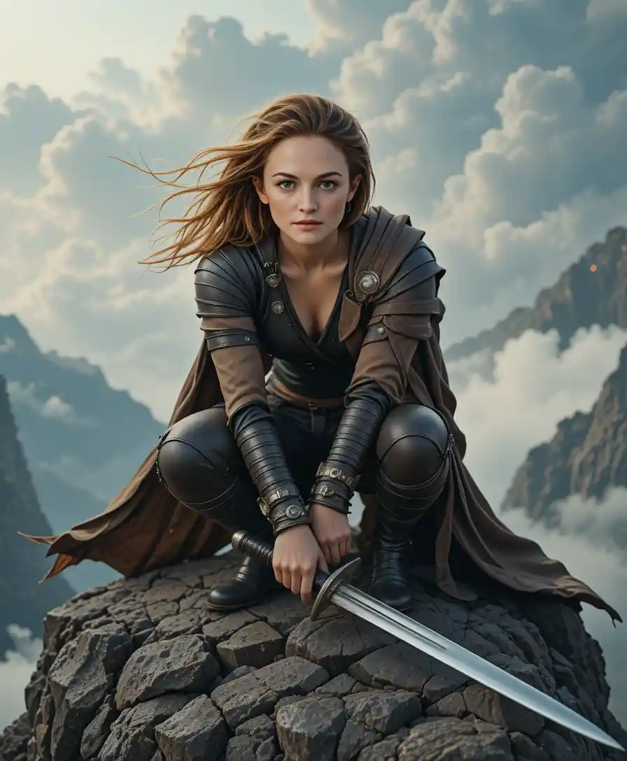 Determined female warrior on a cliff beneath swirling clouds