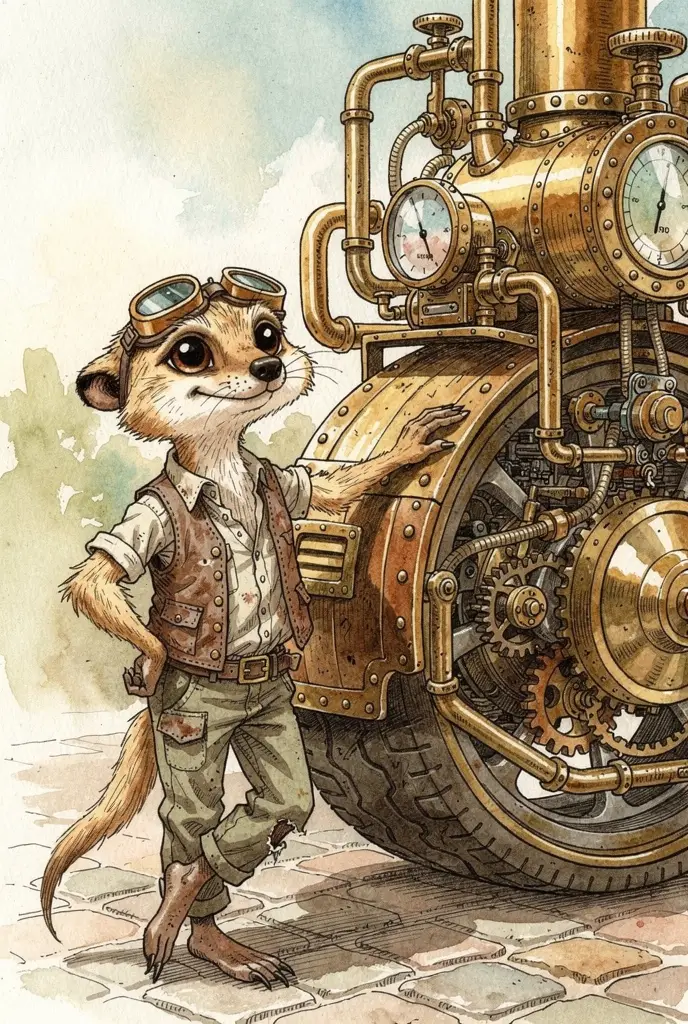 Suricato steampunk magro appoggiato a un'auto a vapore dettagliata