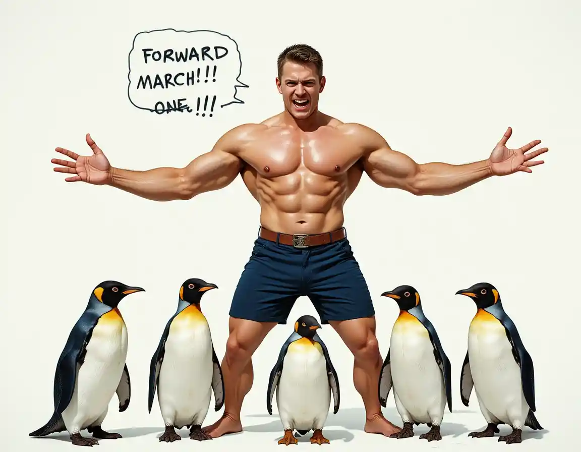 Wütender muskulöser Mann führt Pinguine im Comicstil an
