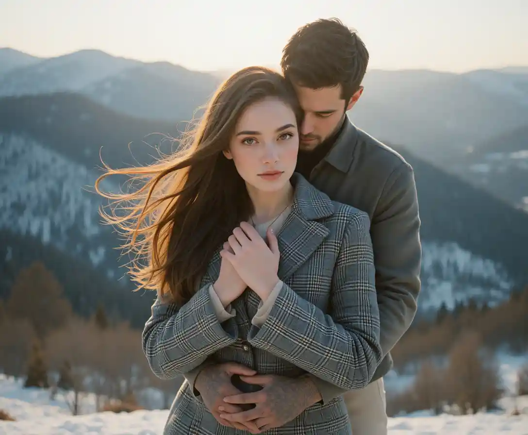 Coppia romantica che si abbraccia davanti a colline innevate al tramonto