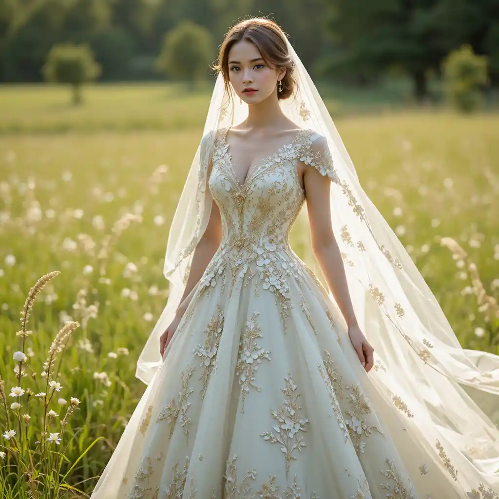 Bride in white gown standing in a sunlit green meadow