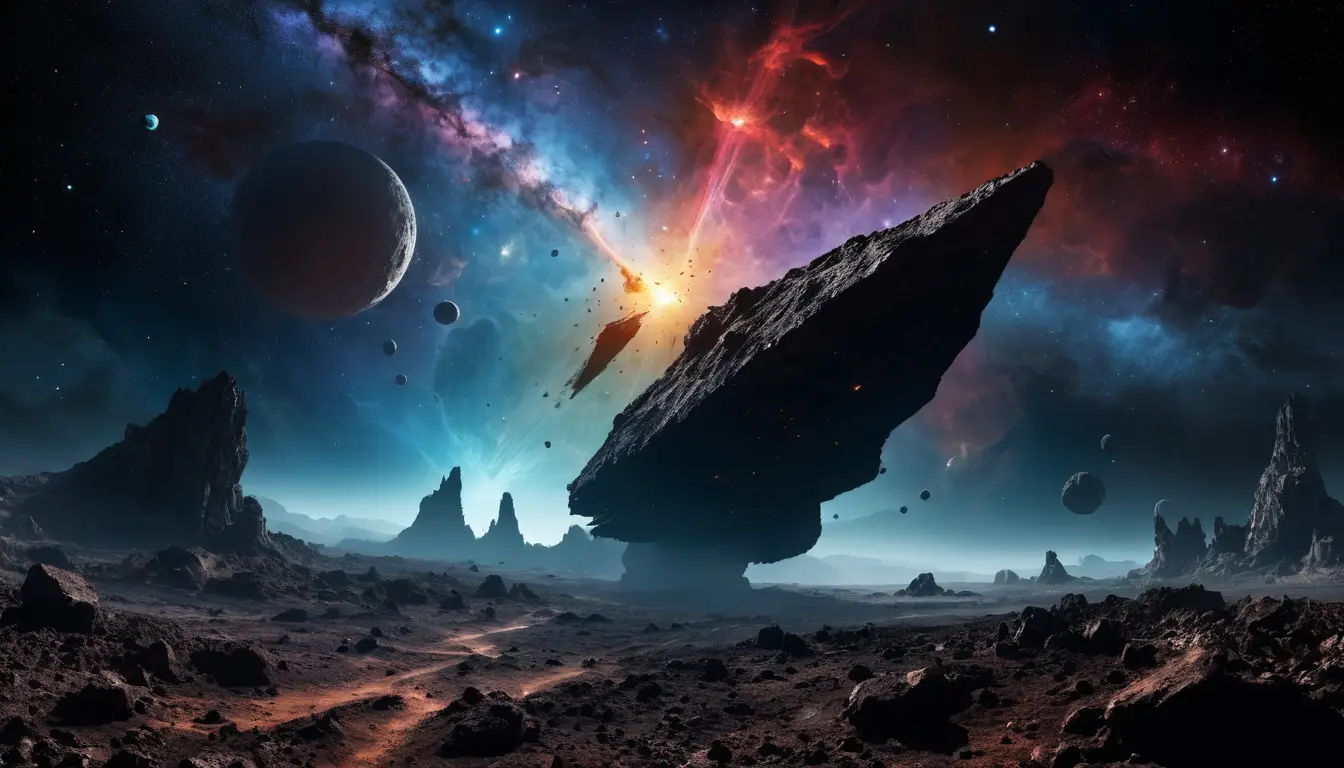 Spaceship Leaving Dark Asteroid Field For Calm Colorful Nebula