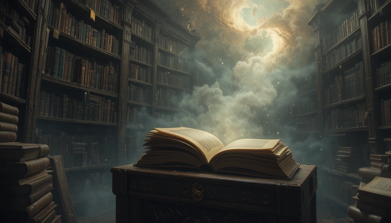 Antike Bibliothek, die sanft in einer kosmischen Nebelwolke schwebt