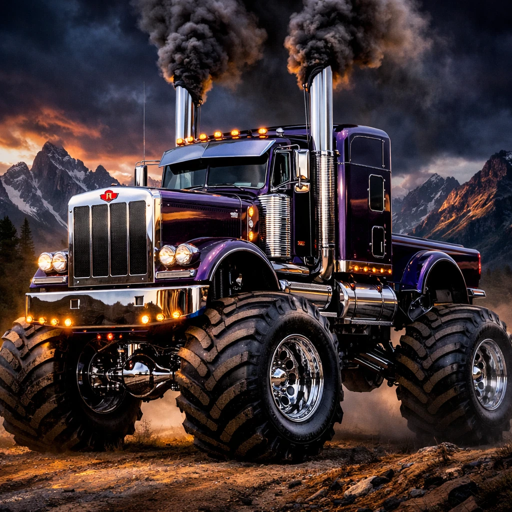 Dark purple show truck on dirt road in mountains