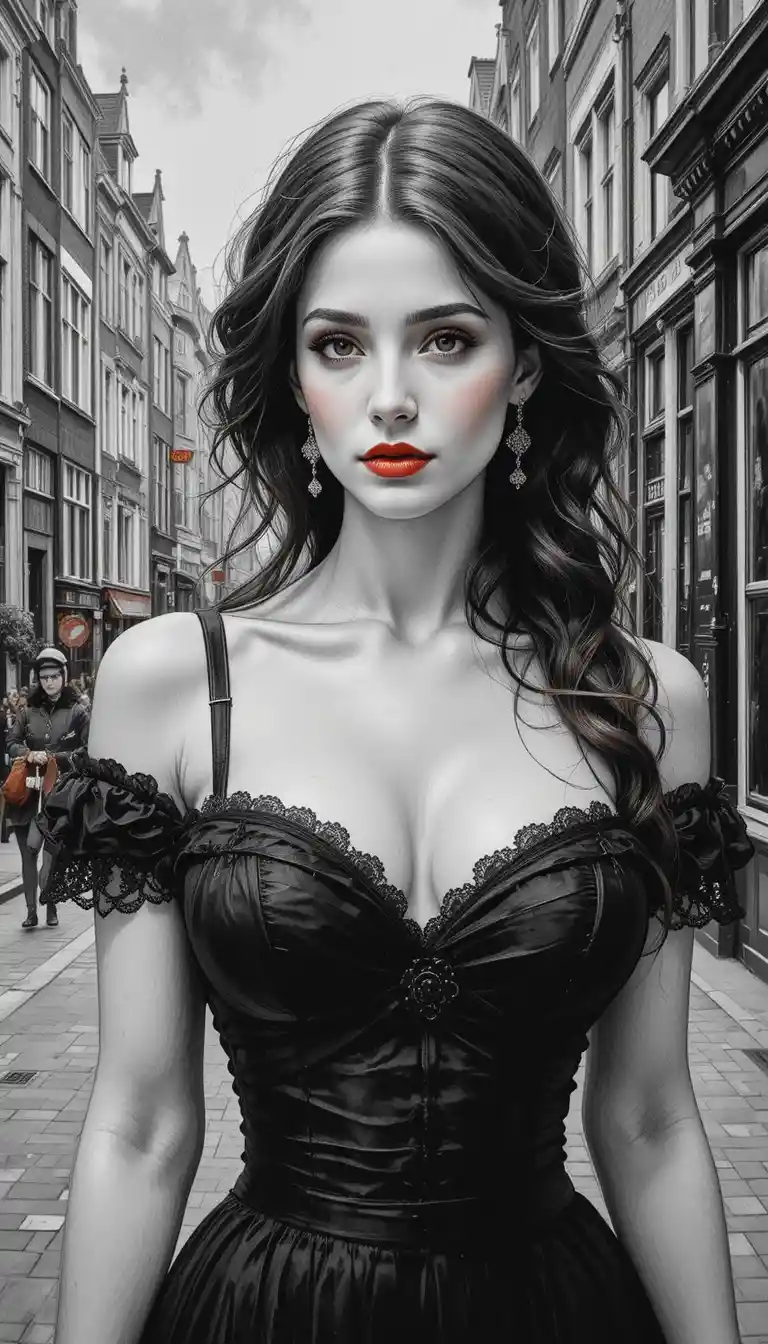 油絵で描かれたアムステルダムの街角の美しい女性