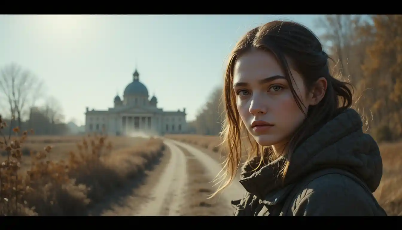 Young woman on sunlit dirt road with distant buildings