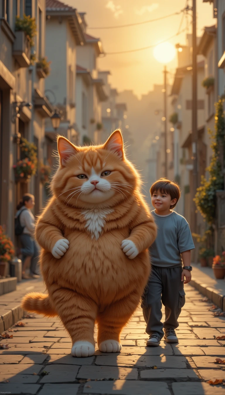 Gato naranja con patas blancas caminando por una calle tranquila