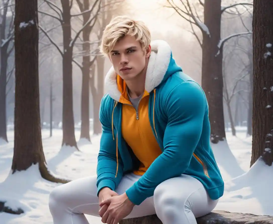Blonder junger Mann in weißer Fleece-Leggings hockt im Winterpark