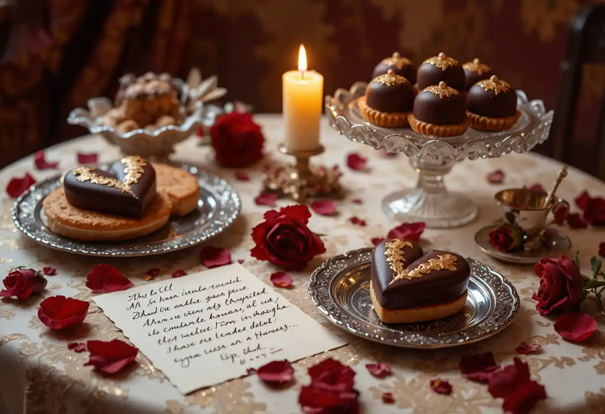 Dessert romantici in natura morta su un'elegante tavola illuminata da candele