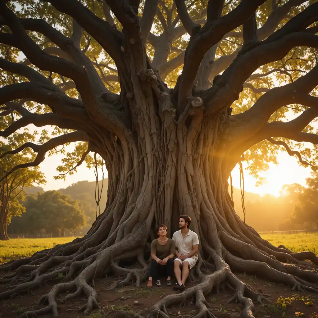 Amigos que comparten esperanza bajo un antiguo árbol de banyán al atardecer
