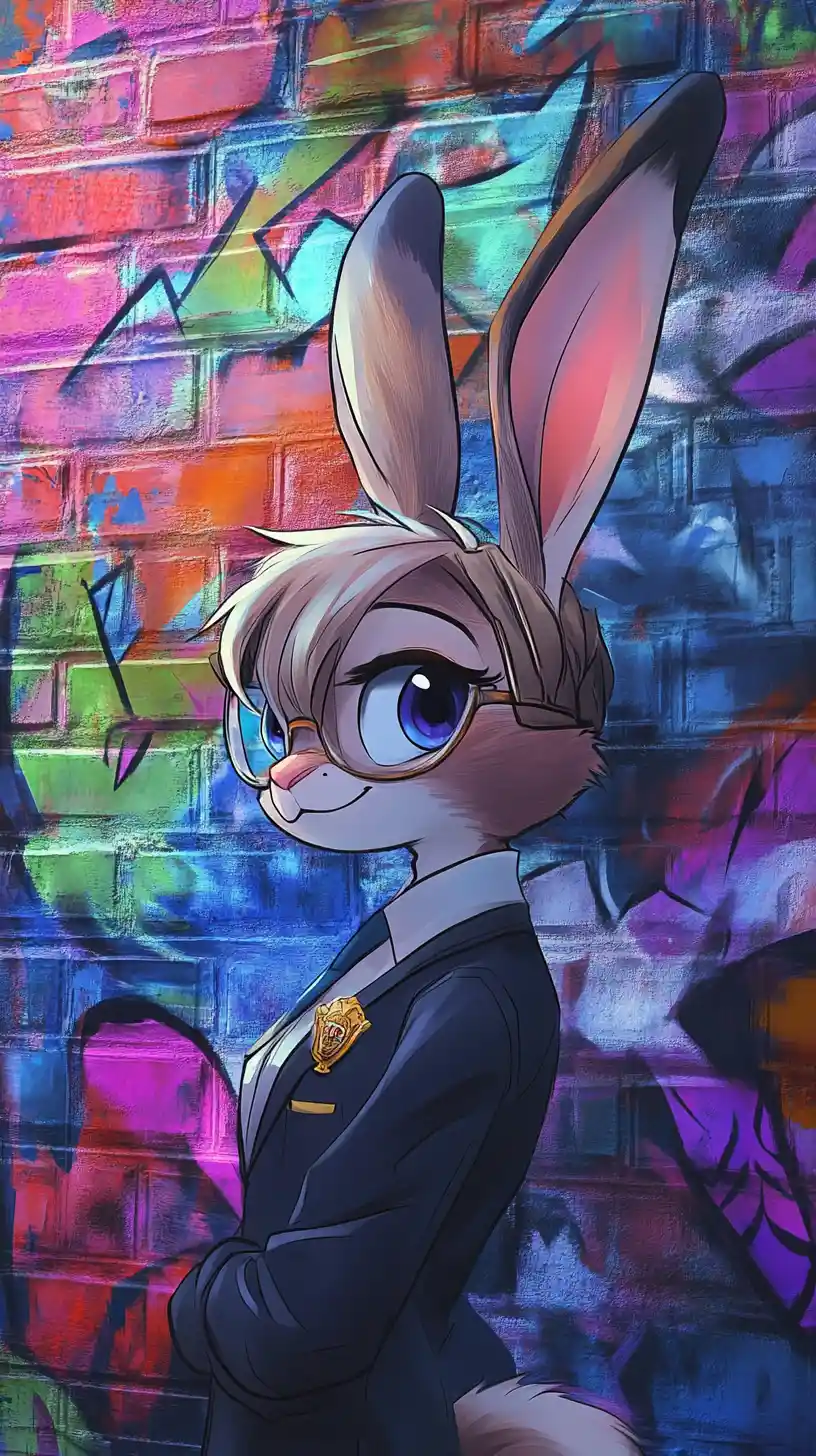 Optimistic anime rabbit officer on a London city street