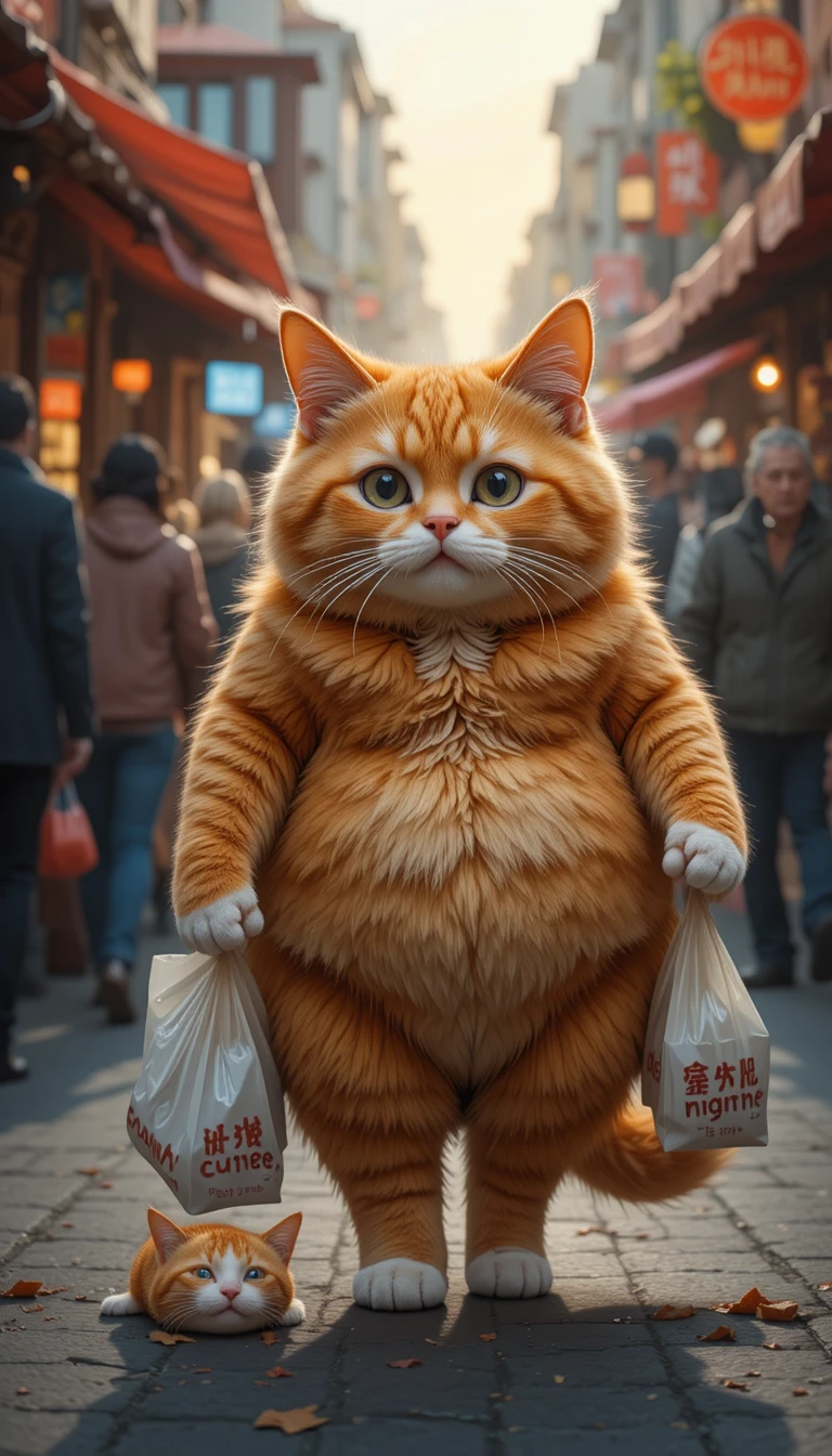 Gato naranja gordito caminando por un mercado callejero abarrotado