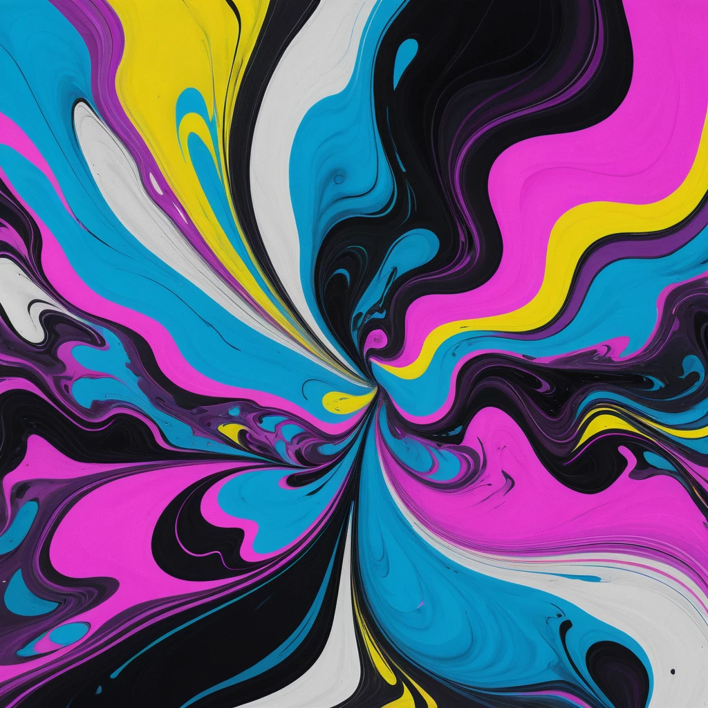Vibrant neon abstract waves on marbled black and white background