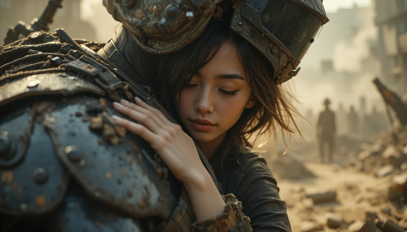 Young woman embracing armored figure in ruined city light