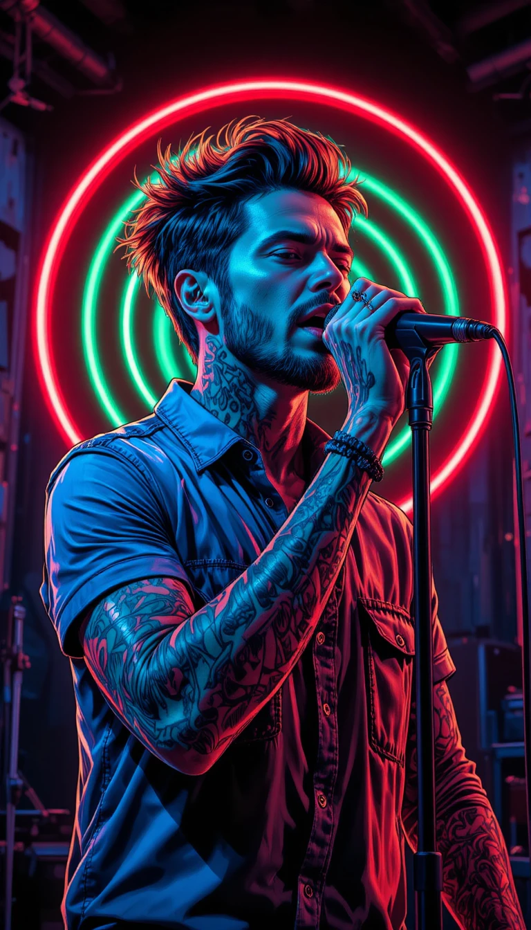 Chanteur pop art aux lignes de cheveux néon sur scène sombre