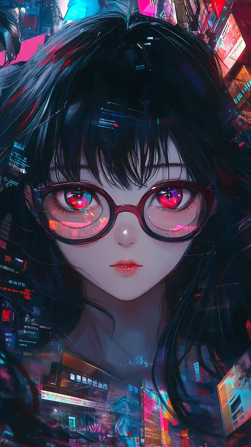 Anime girl with glasses in abstract colorful background