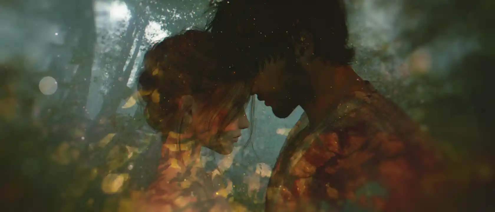 Broken heartscape over forest and sea in cinematic style