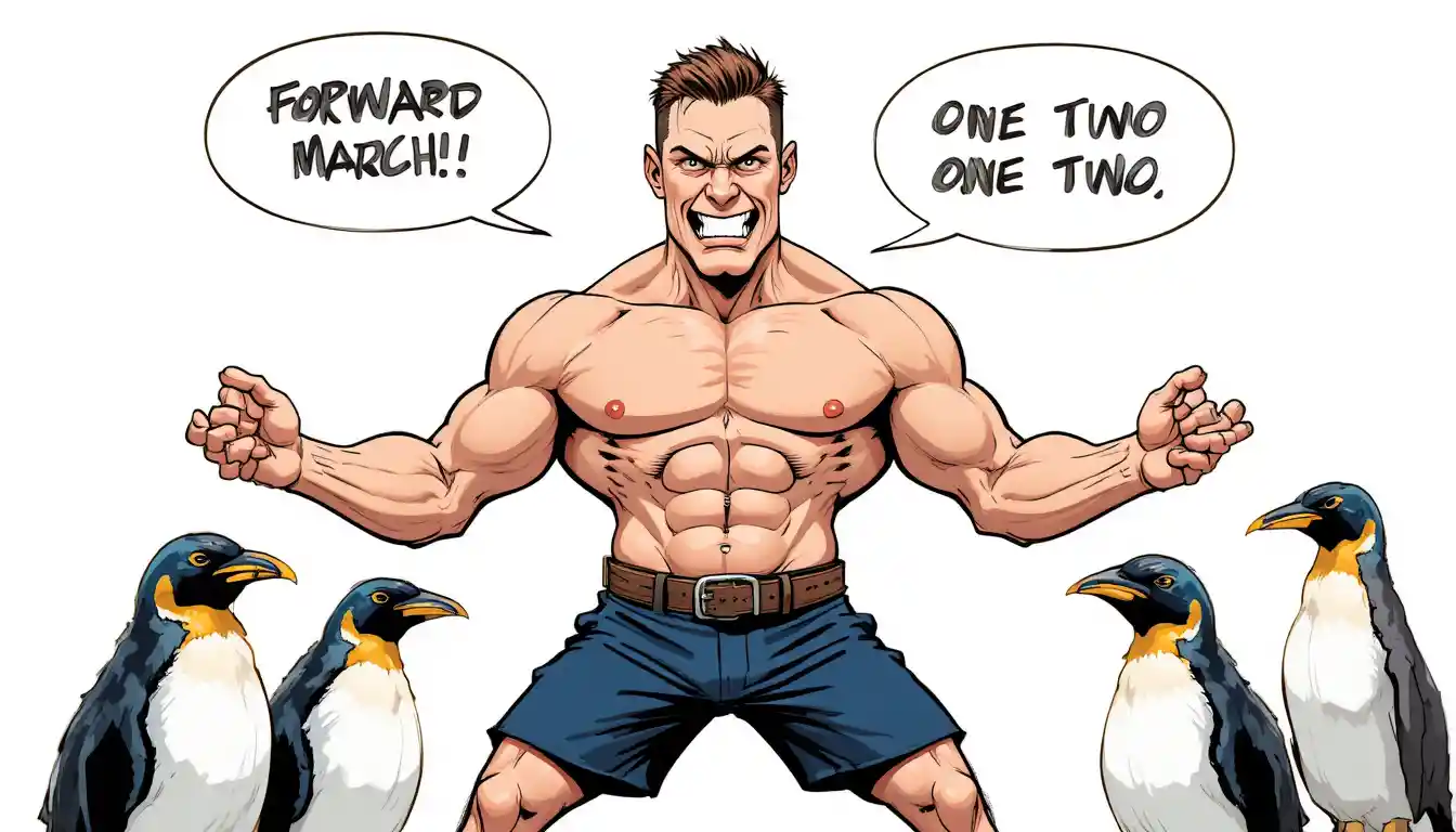 Uomo muscoloso che comanda pinguini in illustrazione in stile fumetto