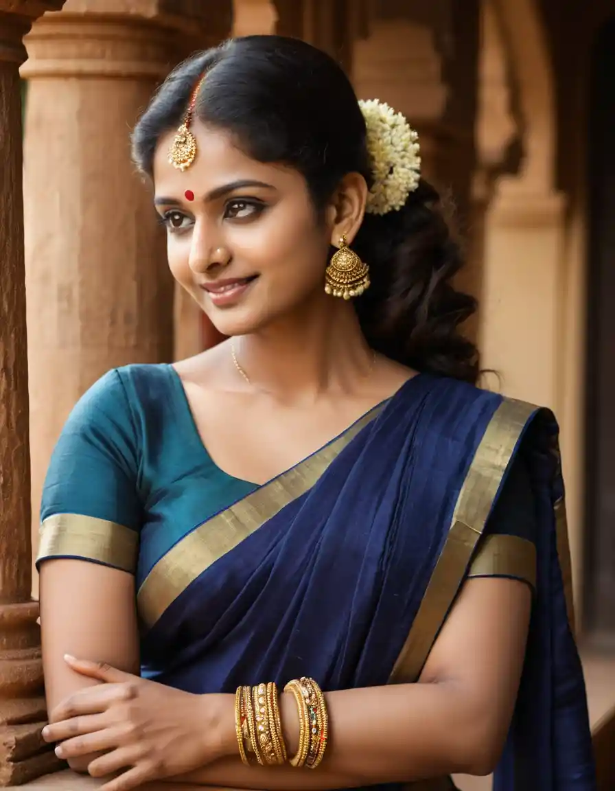 Indian woman in blue silk saree by a textured wall