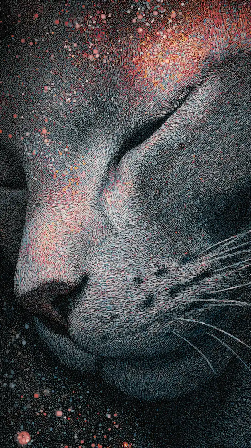 Whimsical ghost lulling a weary tomcat to magical sleep