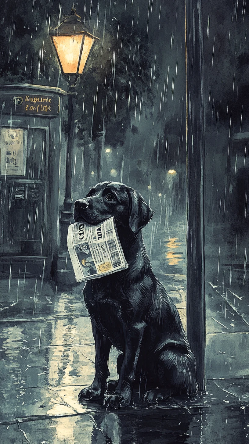 Filhote de labrador preto esperando em um ponto de ônibus na rua chuvosa