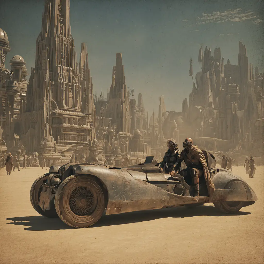 Bald man in dystopian desert city with hover vehicles