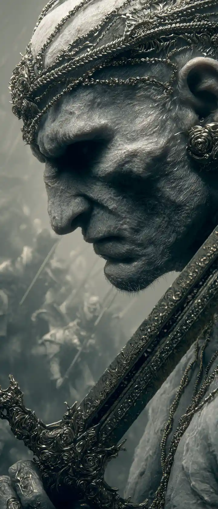Emaciated warrior portrait with chained headpiece and bone sword