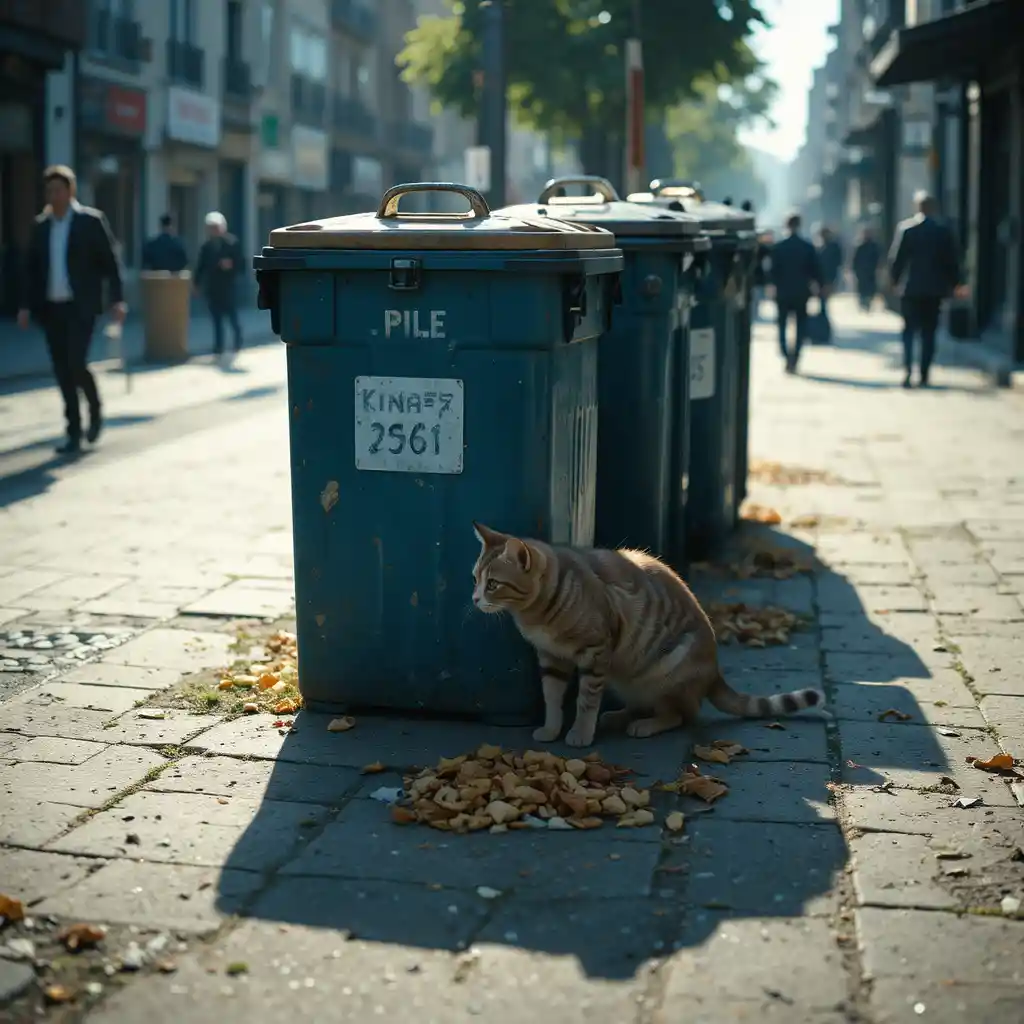 Gato callejero delgado buscando en los contenedores en una calle urbana tranquila