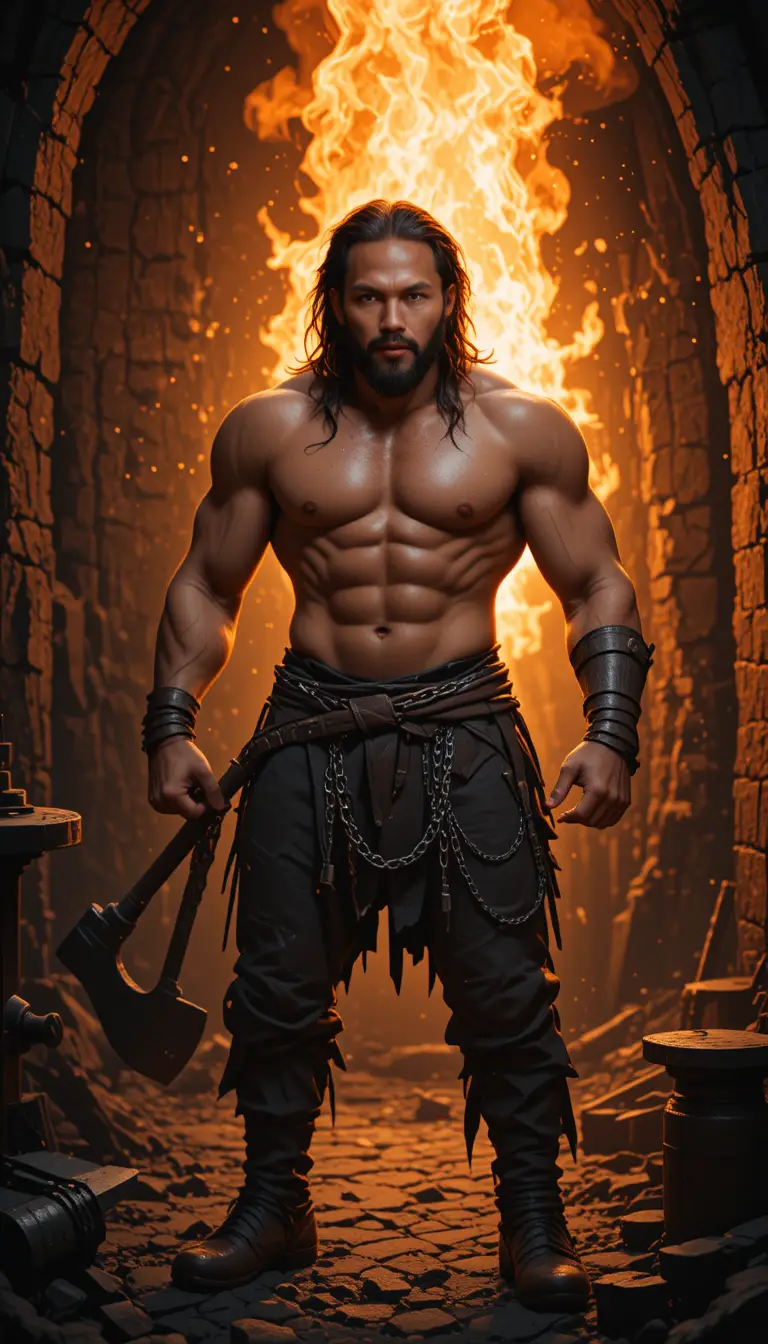Defiant warrior in a firelit forge with battle axe