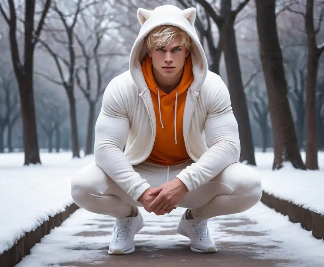 Junger blonder Mann in weißen Fleece-Leggings im Winterpark