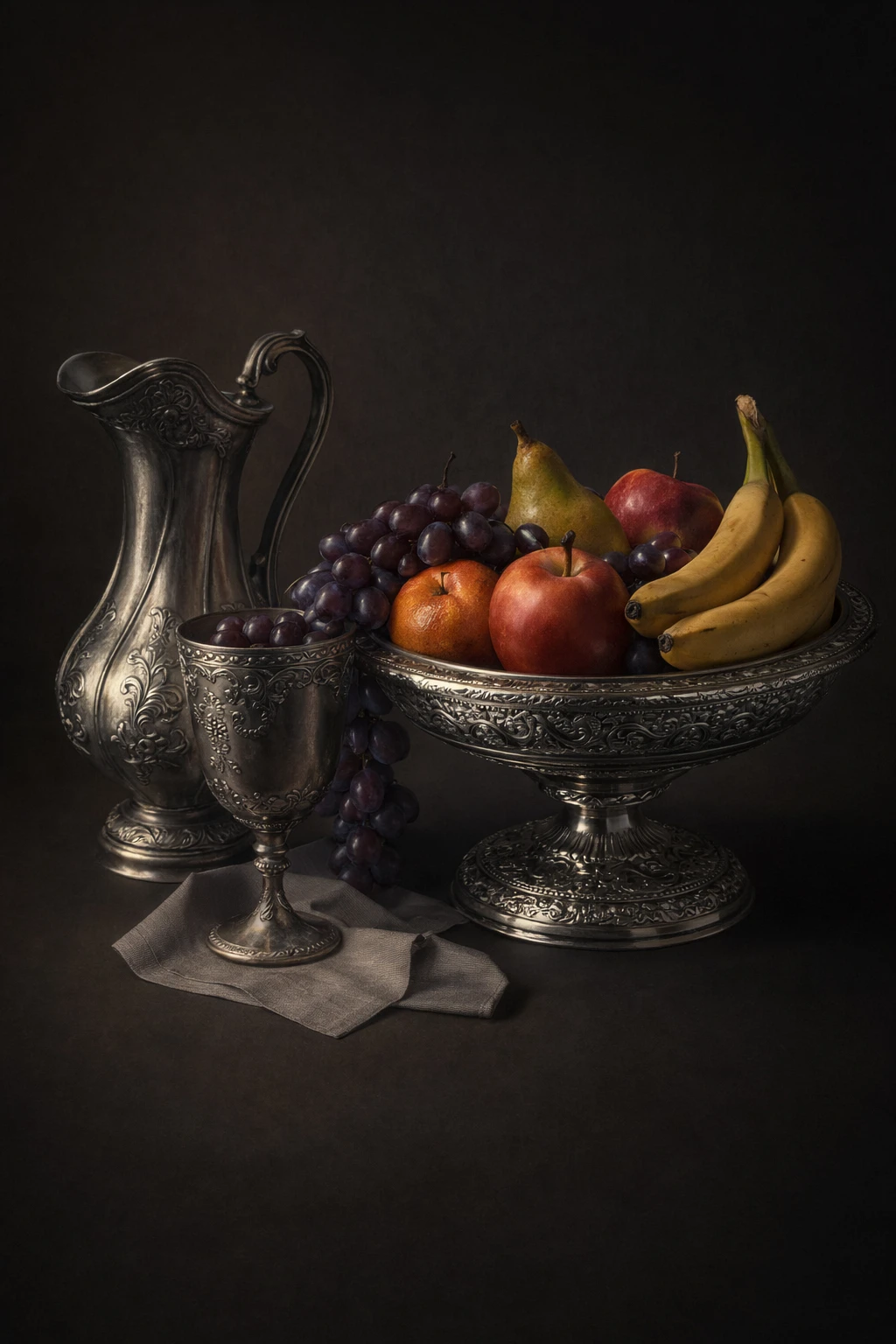 Bodegón plateado con jarra, copa y arreglo de frutas