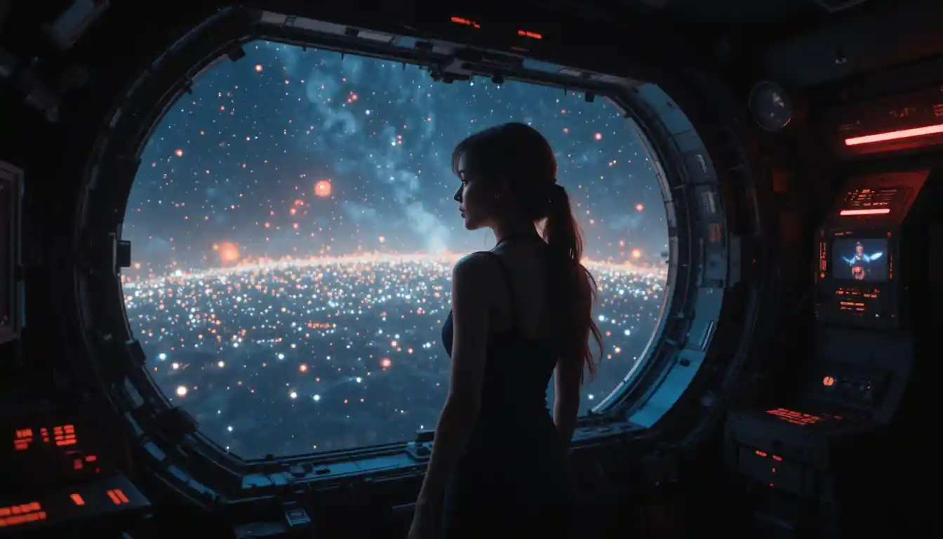 Mujer en silueta en una nave espacial en el profundo espacio estrellado