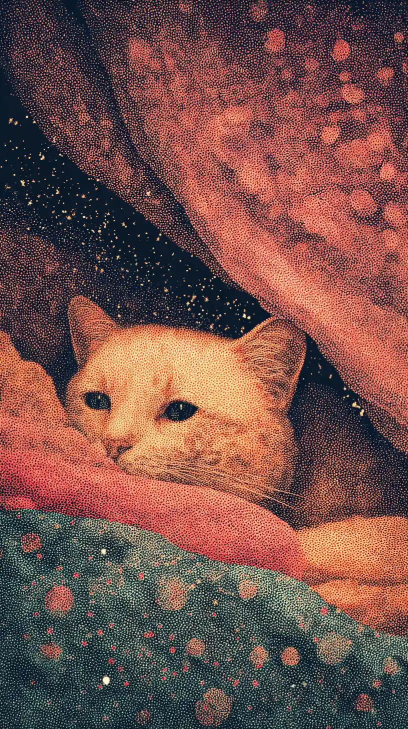 Whimsical ghost sprinkling sleep dust on tired old cat